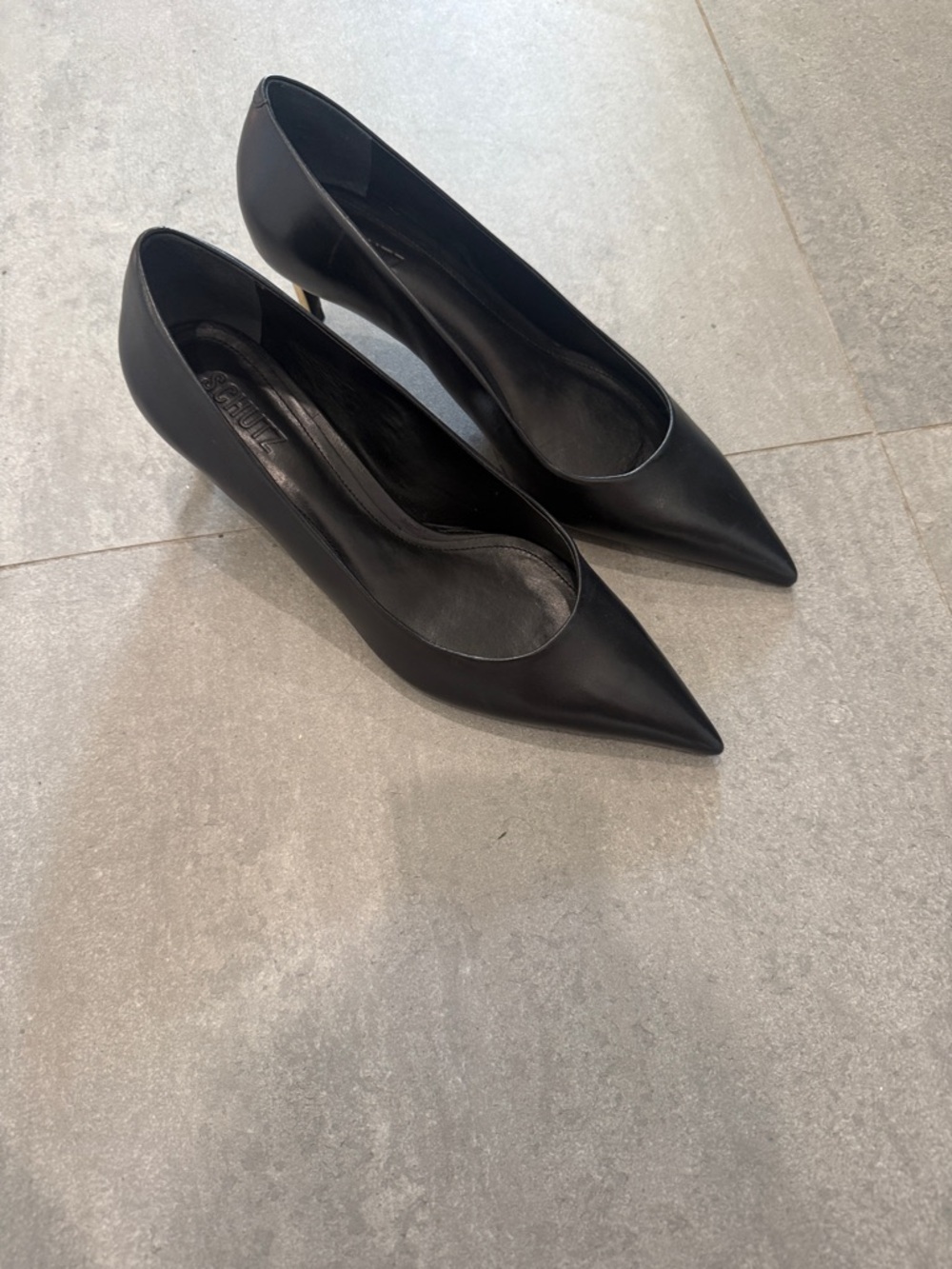 SCHUTZ New in Box Lou Mid Curve Pump Heel Black Leather with Gold Heel // 8.5 - Picture 3 of 4